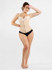 Skin and Black Hourglass Figure Shaping Waist Trainer with 15 Built-in Steel Bone.