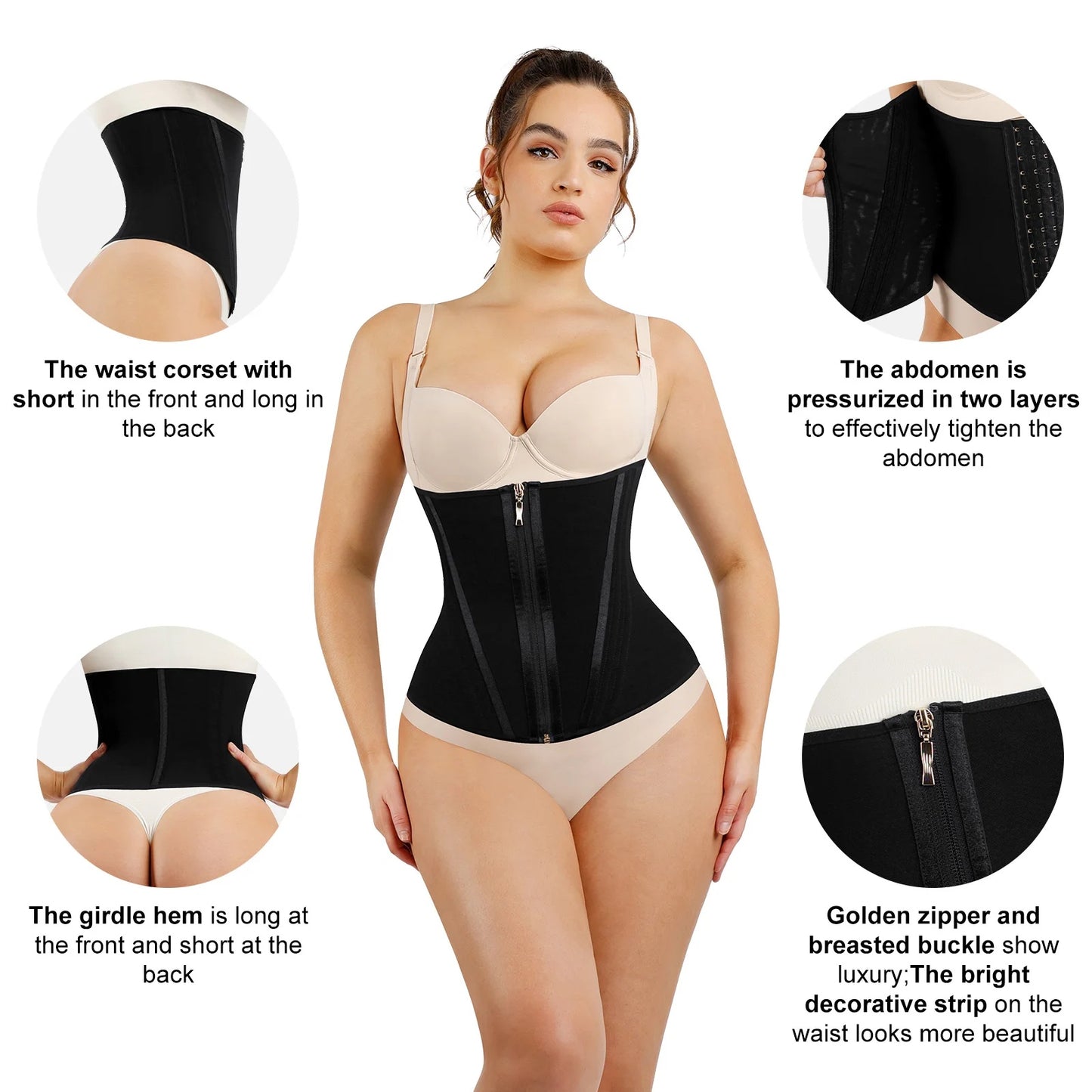 Skin and Black Hourglass Figure Shaping Waist Trainer with 15 Built-in Steel Bone.