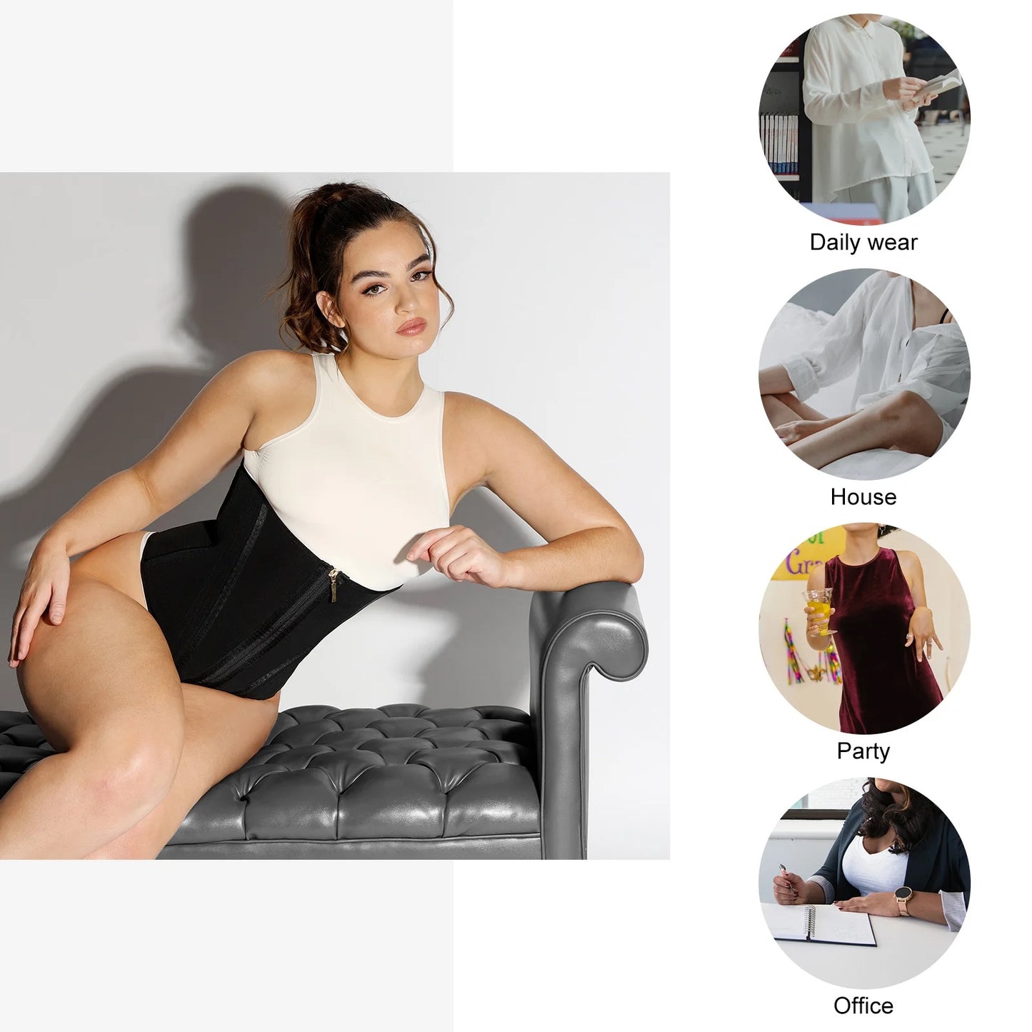 Skin and Black Hourglass Figure Shaping Waist Trainer with 15 Built-in Steel Bone.