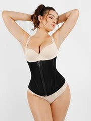 Skin and Black Hourglass Figure Shaping Waist Trainer with 15 Built-in Steel Bone.
