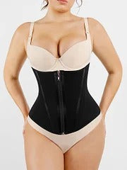 Skin and Black Hourglass Figure Shaping Waist Trainer with 15 Built-in Steel Bone.