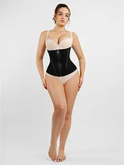 Skin and Black Hourglass Figure Shaping Waist Trainer with 15 Built-in Steel Bone.