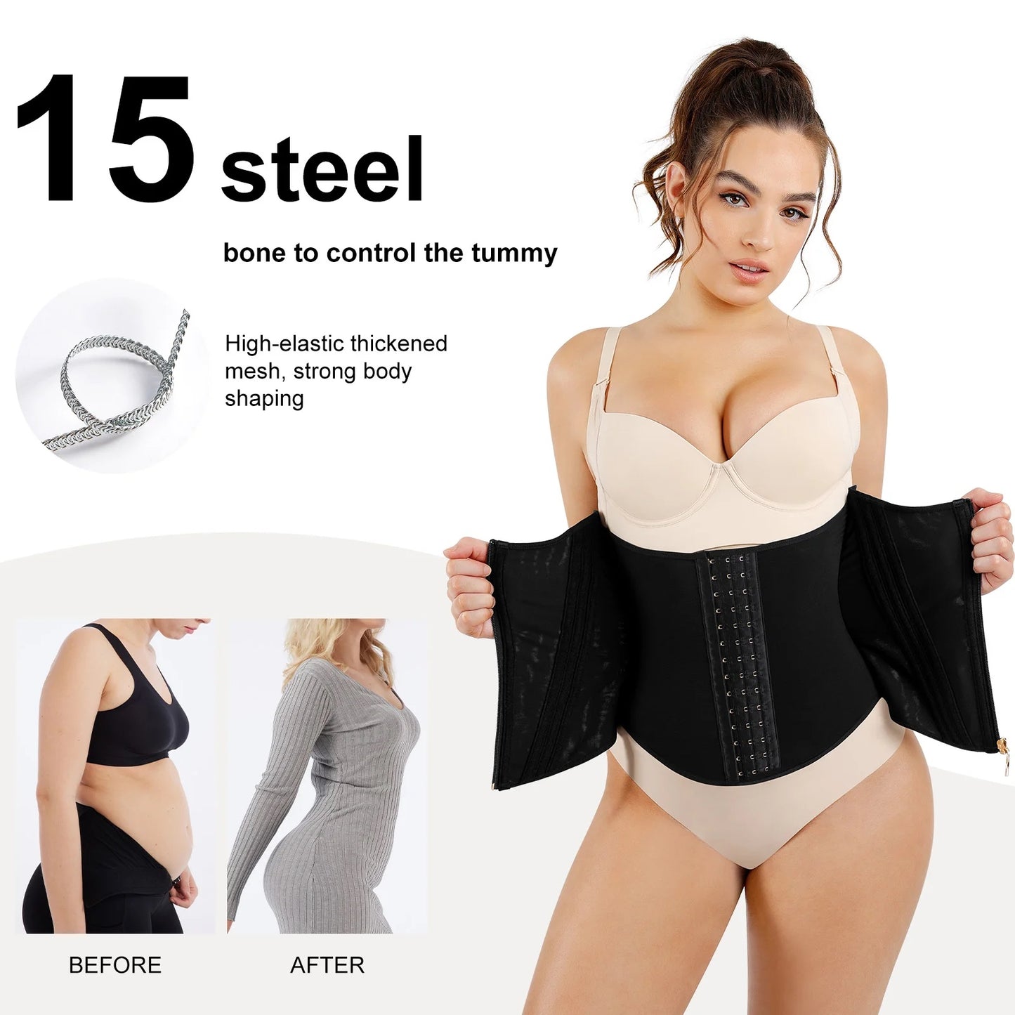 Skin and Black Hourglass Figure Shaping Waist Trainer with 15 Built-in Steel Bone.