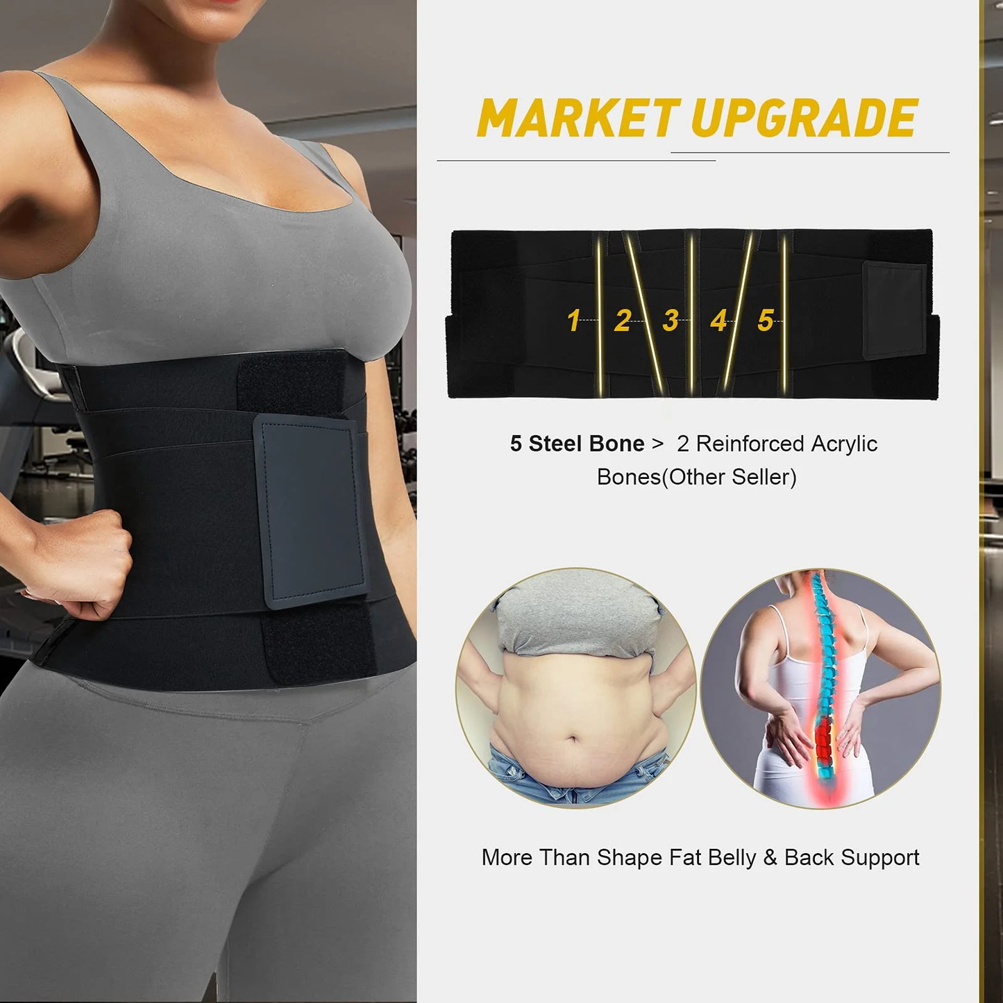 BOSSELI SHAPEWEAR Black Latex Waist Trainer 5 Plastic Bones Sticker Waist Trimmer Band.