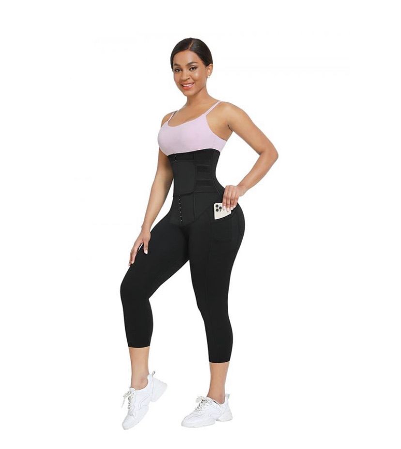 BOSSELI SHAPEWEAR  2 In 1 PU Coated Lining Single Waistband Neoprene Waist Trainer Leggings.